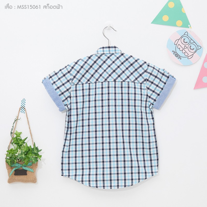 เสื้อเชิ้ตแขนสั้น ลายสก็อตฟ้า สำหรับเด็ก