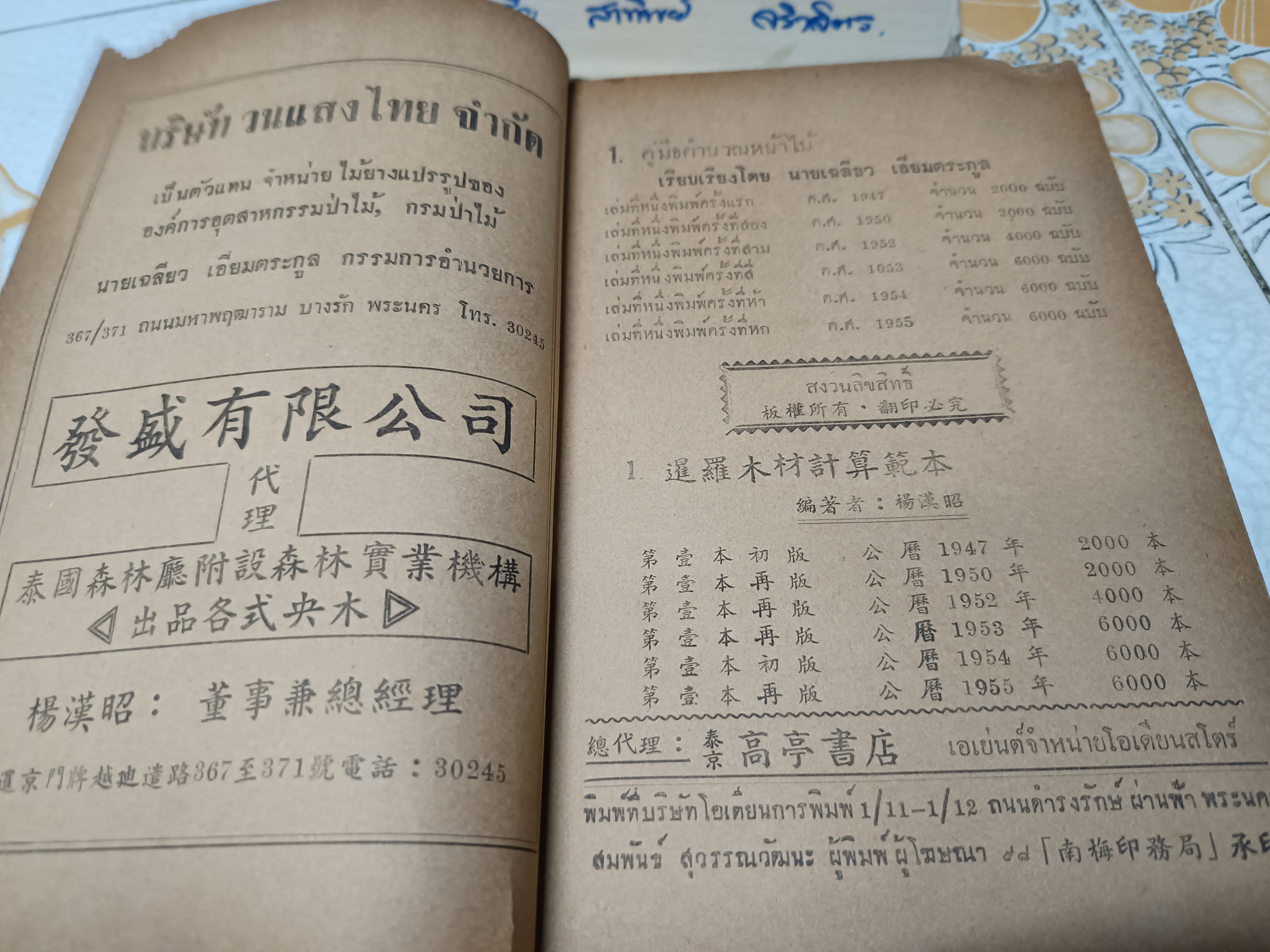 คู่มือคำนวณหน้าไม้ และ การผลิตไม้ยางในประเทศไทย ผลงานของ เฉลียว เอี่ยมตระกูล (บริษัท วนแสงไทย จำกัด) พิมพ์ครั้งที่ 7/2498