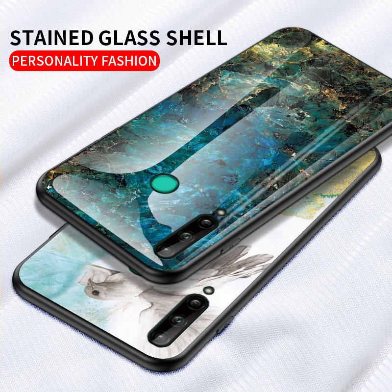 Case Huawei Y7p #เคสฝาหลัง Gradient Color ลายหินอ่อน Glass + PC + TPU Hybrid Case