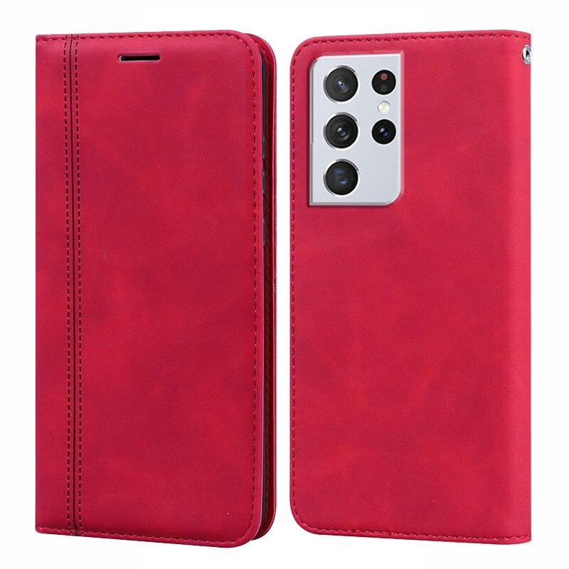 เคส Samsung Galaxy S21 Ultra 5G #เคสฝาพับแบบกระเป๋าสตางค์ Magnetic Flip Wallet Bracket Leather Lattice TPU Phone Case