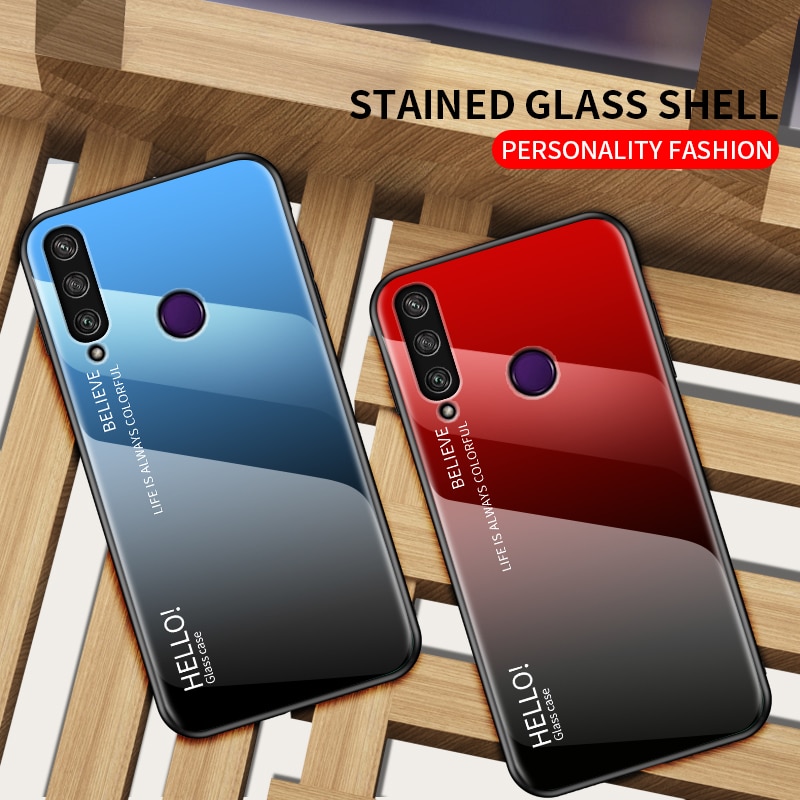 Case Huawei Y7p #เคสฝาหลัง Gradient Color Glass + PC + TPU Hybrid Case