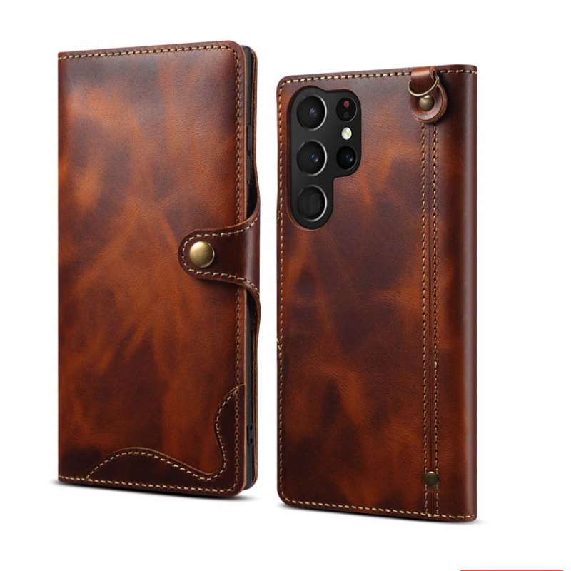 Case Samsung Galaxy S23 Ultra 5G#เคสฝาพับหนังแท้พร้อมสายคล้อง Genuine Wallet Leather Phone Cover with Lanyard