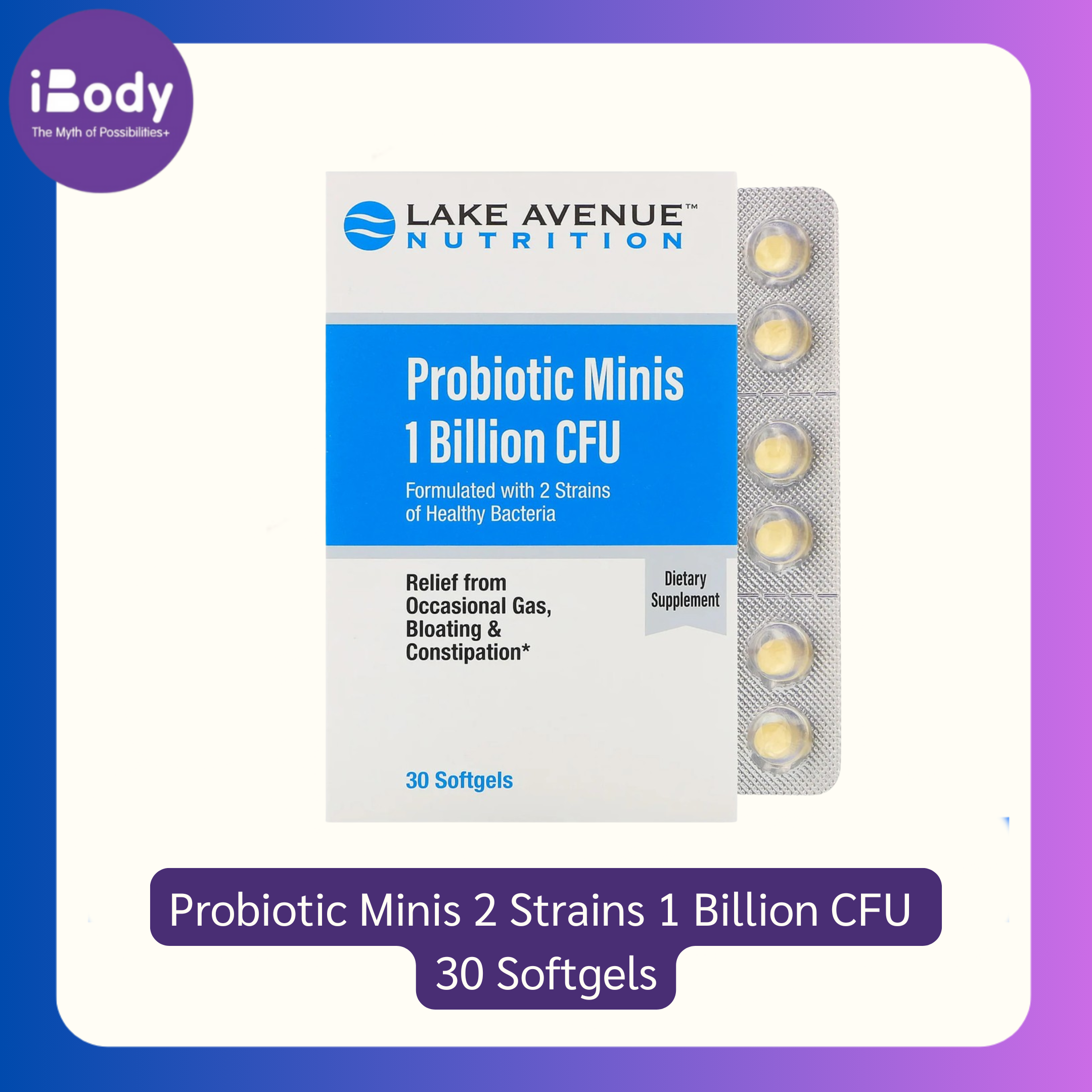 โปรไบโอติก 2 สายพันธ์ 1 หมื่นล้านตัว Probiotic Minis 2 Strains 1 Billion CFU 30 Softgels (Lake Avenue Nutrition®)