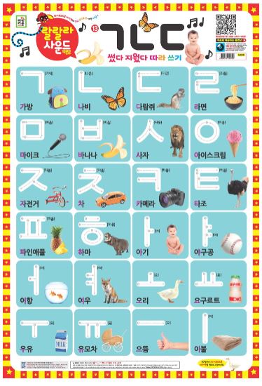 โปสเตอร์สี่สีอักษรเกาหลีหมวดอักษรเกาหลี ออกเสียงได้ พูดได้ 룰루랄라 사운드 벽보(양면벽보): 가나다 Color Korean Language Speaking/Audio Poster-Korean Characters