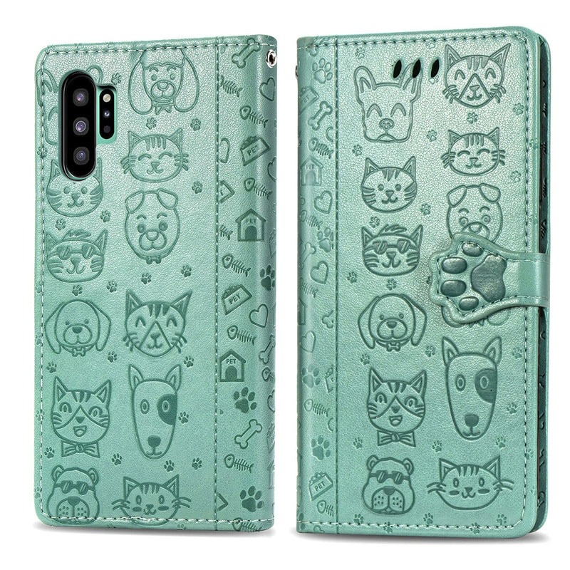 เคส Samsung Galaxy Note 10+ #เคสฝาพับลายการ์ตูนย์แถบปิดแม่เหล็กพับตั้งได้ Cat And Dog Pattern Card Slot Wallet Phone Case