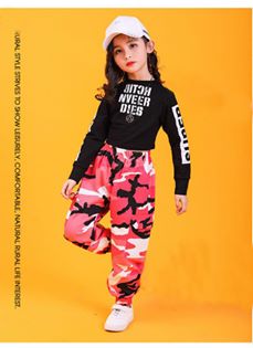 ชุดเต้นเด็กสุดเท่ห์ Set 2 ชิ้น เสื้อดำกับกางเกงลายทหาร