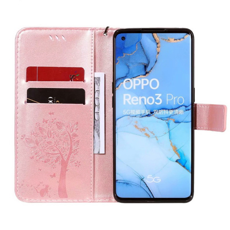 เคส OPPO Reno 3 Pro 4G 6.4 นิ้ว #เคสฝาพับหนัง PU พิมพ์ลาย Imprint Cat and Tree Pattern Leather Protection Cover