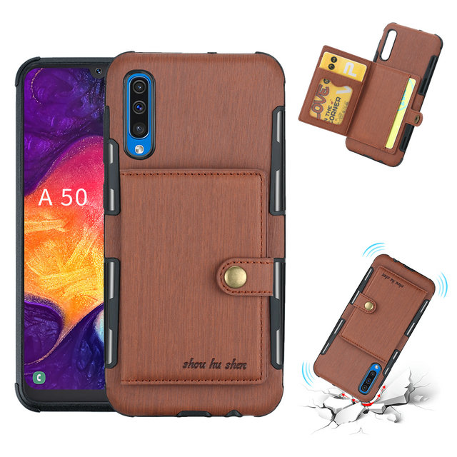เคส Samsung Galaxy A50 / A50s / A30s #เคสฝาหลังพลาสติกเคลือบหนัง PU มีช่องใส่การ์ดพับได้ Brushed Card Slots PU Leather Coated Hard PC Casing