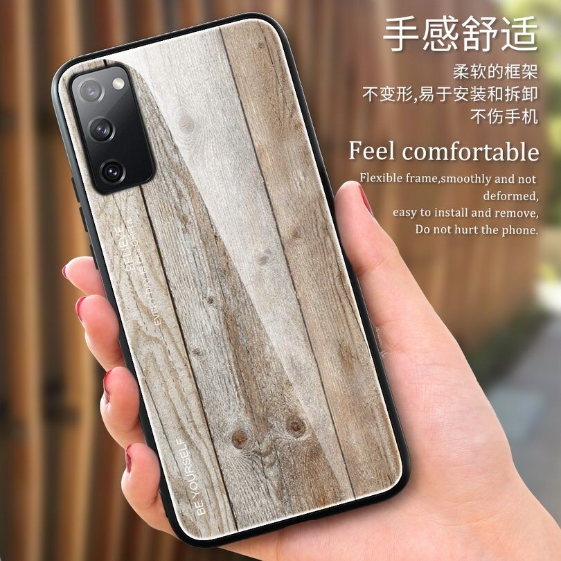 Case Samsung Galaxy S20 FE/S20 FE 5G #เคสฝาหลังกระจกลายผิวไม้ Case Hard Tempered glass Wood grain protect Back Cover