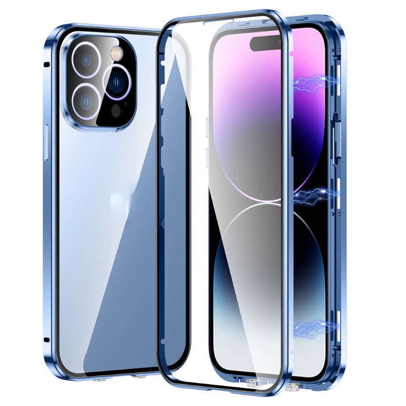 เคส iPhone 14 Pro #เคสกระจกขอบโลหะประกบแม่เหล็กหน้าหลังมีป้องกันเลนส์กล้อง Fully Protection Magnetic Adsorption Glass Metal Phone Protective Built-in Camera Protection