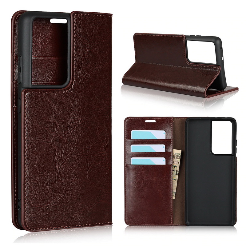 Case Samsung Galaxy S21 Ultra 5G #เคสฝาพับหนังแท้แบบกระเป๋าสตางค์คุณภาพดี Crazy Horse Genuine Leather Cover
