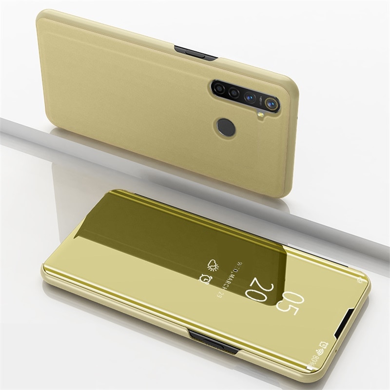 เคส Realme 5 Pro #เคสฝาพับปกโปร่งแสงผิวเงา Electroplating Mirror Surface Window View