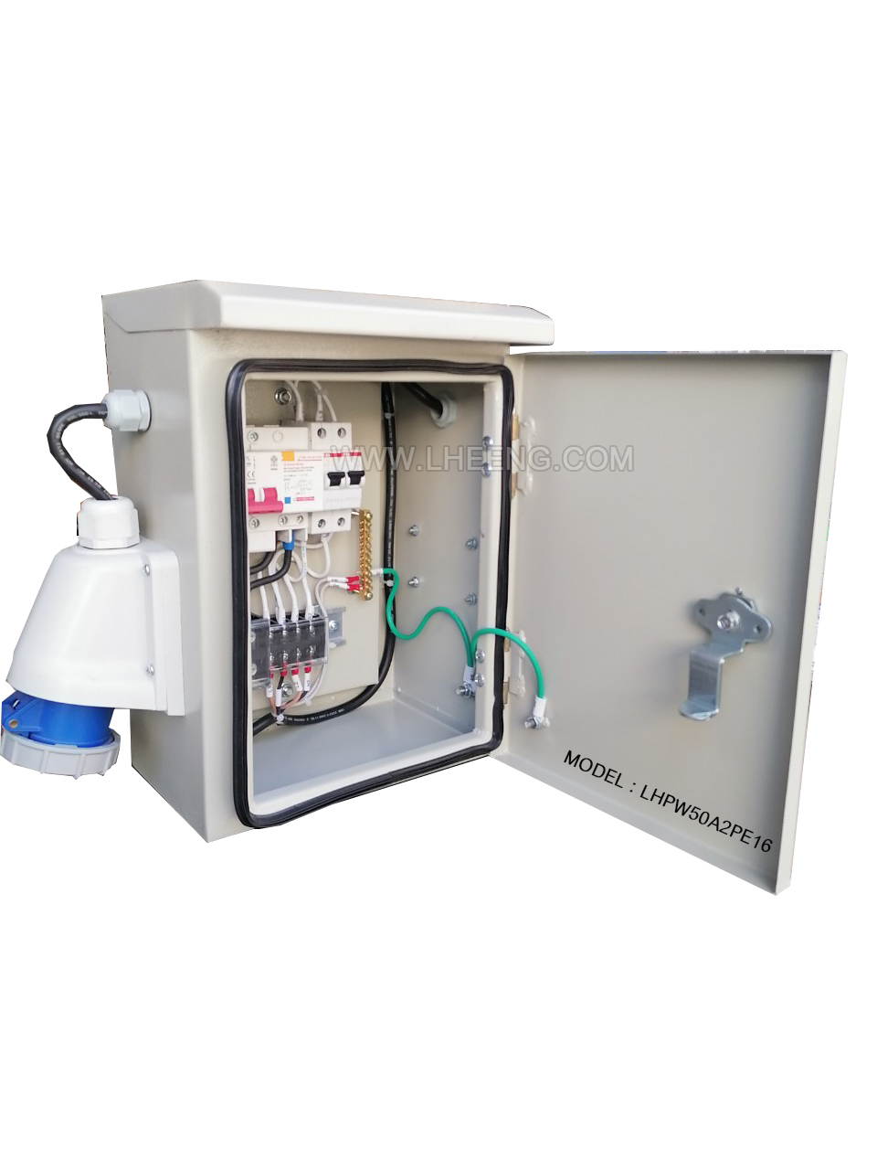 (Plug 16A) ตู้เพาเวอร์ปลั๊ก ตู้ไฟชั่วคราว สำหรับไซต์ก่อสร้าง ปั๊มน้ำมัน นอกอาคาร ปลั๊กเมีย 2P+E (3 ขา) กันน้ำ 2 ชุด เมนเบรคเกอร์ กันดูด 2P50A ใช้งานง่าย