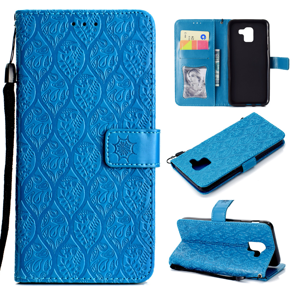 เคส Samsung Galaxy J6 (2018) #เคสฝาพับหนัง PU พิมพ์ประทับลายใบไม้ Imprint Leaf Leather Stand Wallet