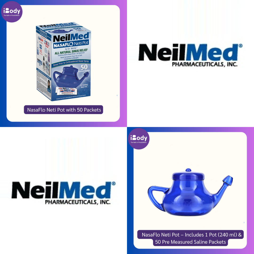 (NeilMed®) NasaFlo Neti Pot Allergy Relief – Porcelain Pot with 50 Premixed Saline Packets อุปกรณ์ล้างจมูก น้ำเกลือล้างจมูก หวัด ภูมิ แพ้