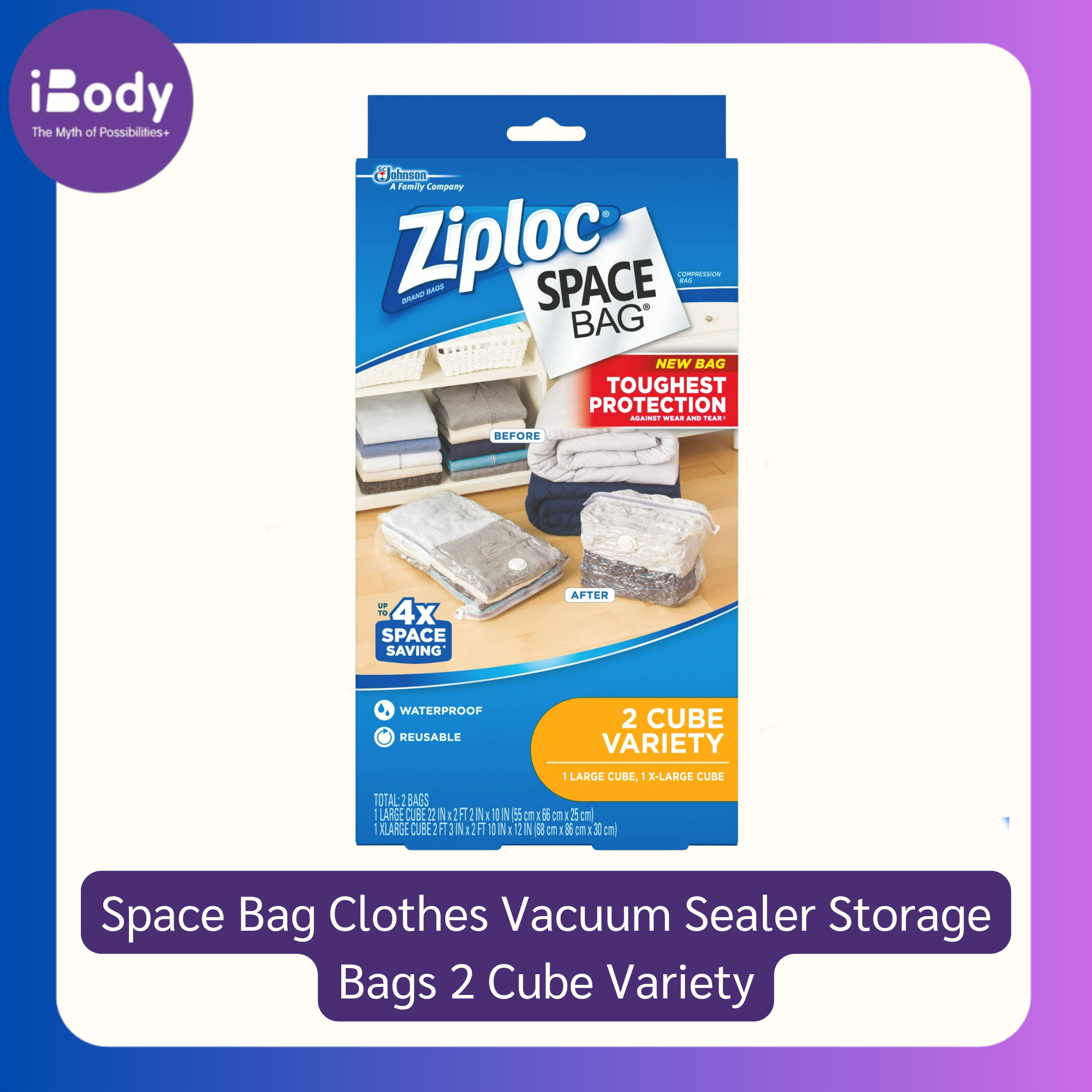 Ziploc® Space Bag Clothes Vacuum Sealer Storage Bags for Home and Closet Organization 2 Cube Variety ถุงเก็บเสื้อผ้า ผ้าห่ม