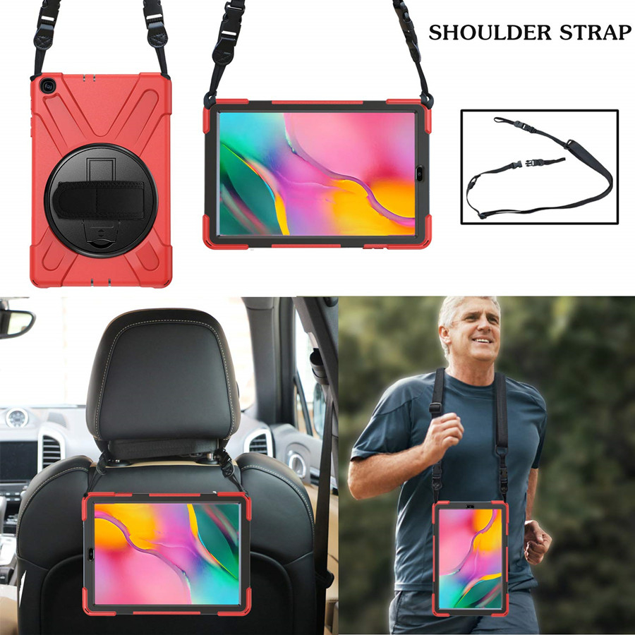 เคส Samsung Galaxy Tab A 10.1 (2019) SM-T510/T515 #เคสฝาหลังกันกระแทก X-Shape 360 Degree Rotary Kickstand PC + Silicone มีสายคล้องมือ มีสายคล้องคอ