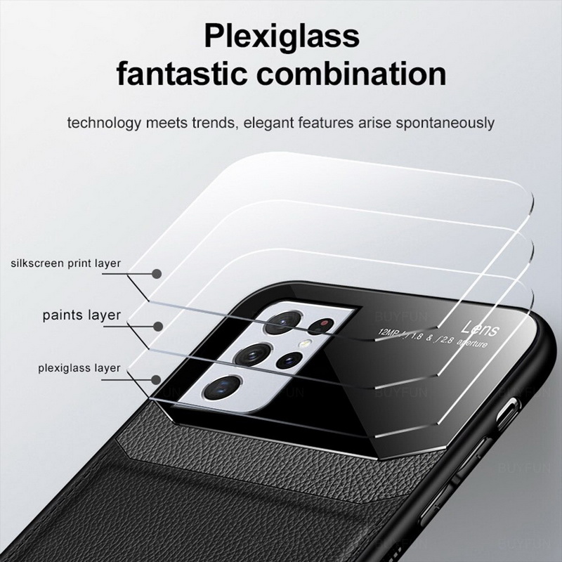 เคส Samsung Galaxy S21 Ultra 5G #เคสฝาหลังไฮบริด PU +TPU + glass สีทูโทน Shockproof Leather Mirror Glass Silicone Phone Back Cover