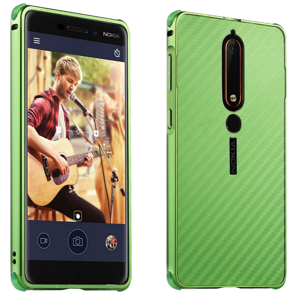 เคส Nokia 6.1 2018 (5.5 นิ้ว) #เคสฝาหลังขอบกันชนโลหะ Electroplated + Carbon Panel แผ่นหลังพลาสติกเลื่อนสไลด์