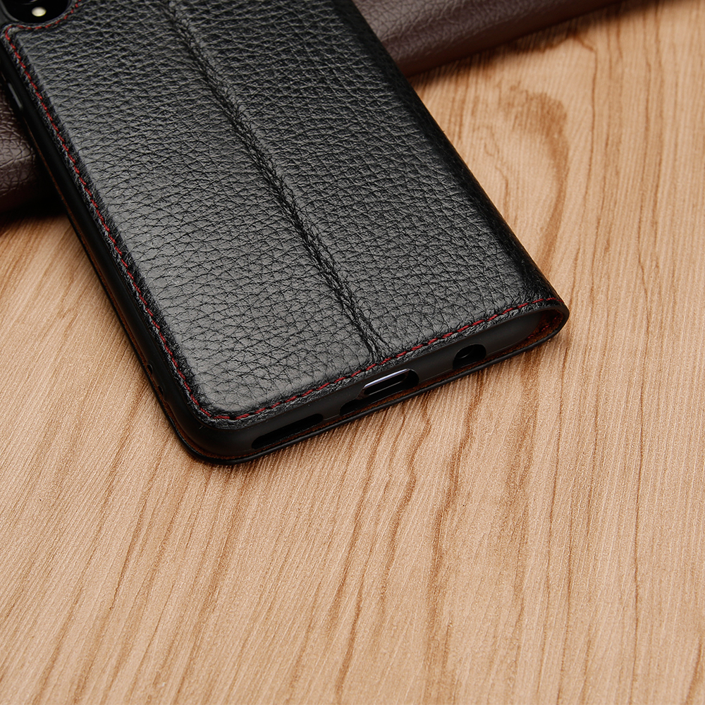 Case Huawei P30 Lite #เคสฝาพับหนังแท้ผิวลิ้นจี่มี 2 ช่องวิว Dual View Window Litchi Skin Genuine Leather Flip