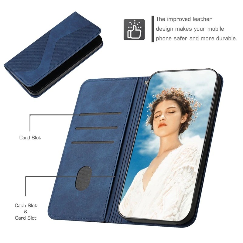 Case iPhone 14#เคสฝาพับแบบกระเป๋าสตางค์หนัง PU มีช่องใส่บัตร Magnetic Leather S Line Wallets Flip Case