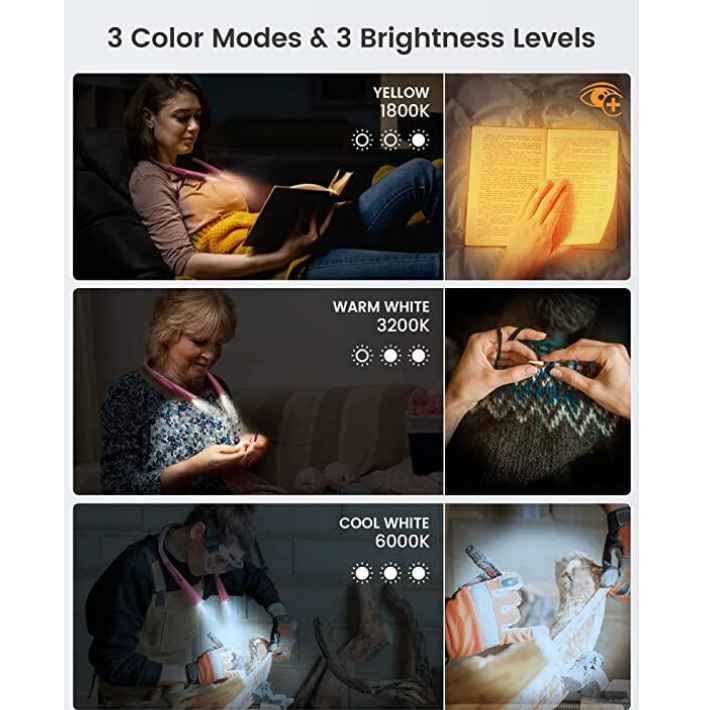 Glocusent® Upgraded LED Neck Reading Light ไฟอ่านหนังสือ ไฟฉายแบบคล้องคอ แบบชาร์จได้ ไฟLEDปรับความสว่างได้