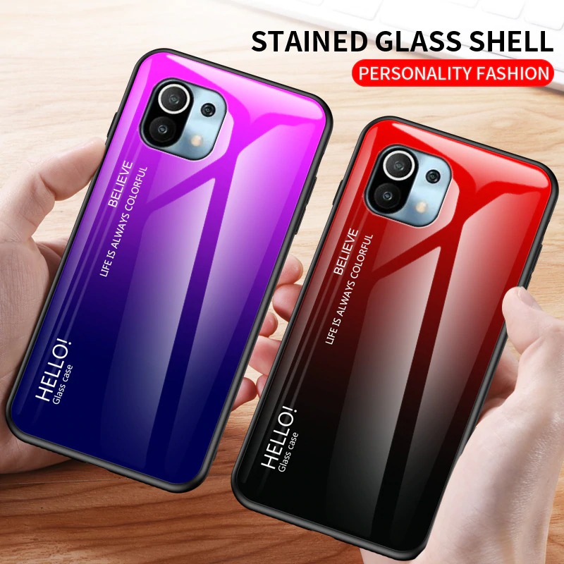 เคส Xiaomi Mi 11 #เคสฝาหลัง Gradient Color Glass + PC + TPU Hybrid Case