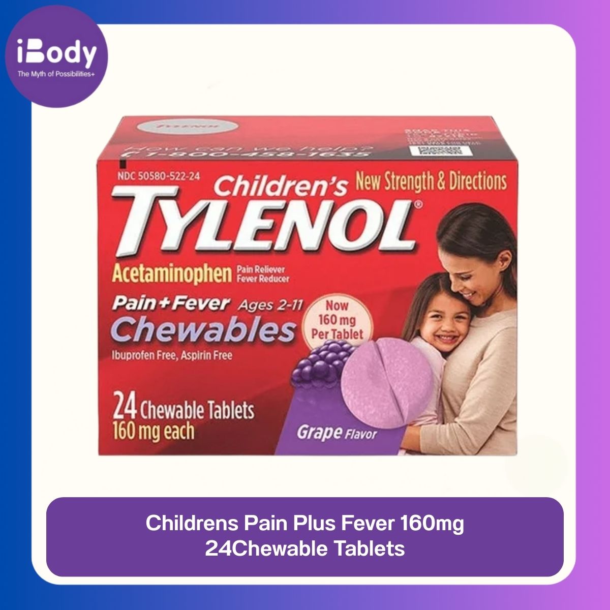 40% Sale!!! EXP.12/2025 Tylenol® Childrens Pain Plus Fever 160mg Grape Flaver, 24 Chewable Tablets ยาลดไข้สำหรับเด็กเม็ดเคี้ยว รสองุ่น