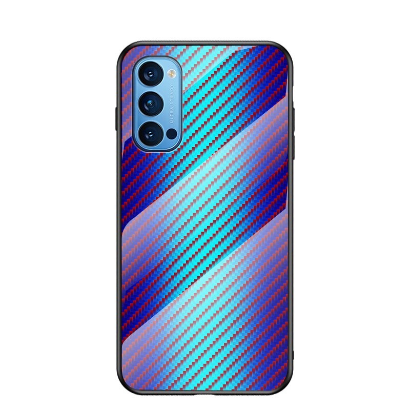 เคส OPPO Reno 4 4G #เคสฝาหลัง Gradient Color ลายคาร์บอนไฟเบอร์ Carbon fiber texture Glass Hybrid Soft Silicone Cover