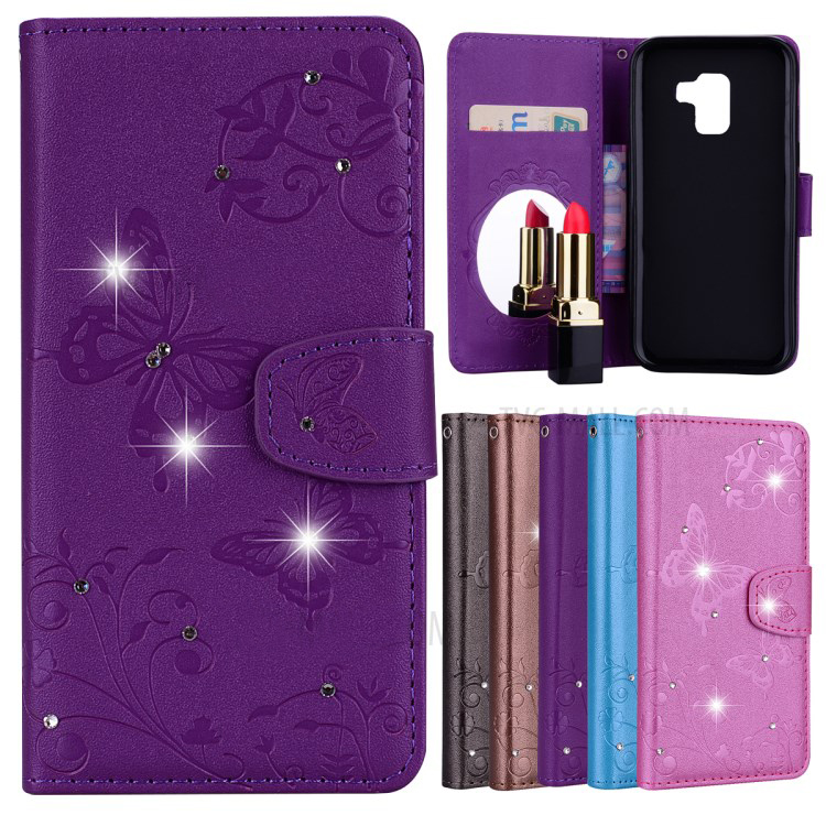 เคส Samsung Galaxy A8 (2018) #เคสฝาพับหนัง PU พิมพ์ลายดอกไม้ผีเสื้อประดับ Rhinestone