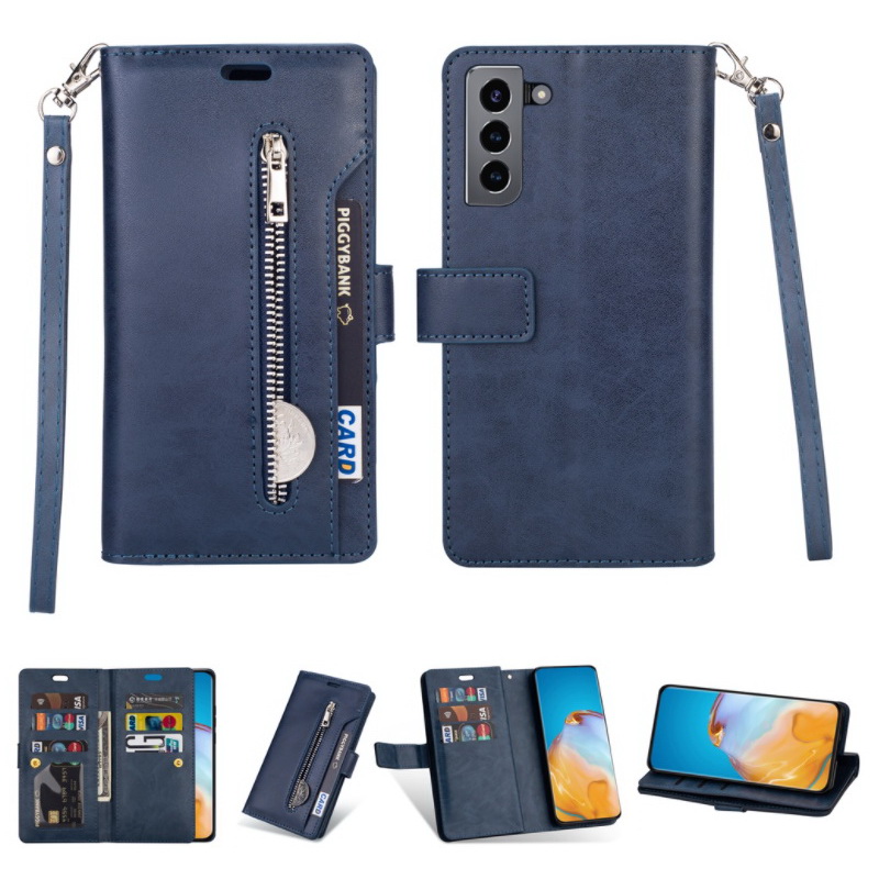 เคส Samsung Galaxy S22+ 5G #เคสฝาพับแบบกระเป๋าสตางค์ช่องใส่บัตรหลายช่อง Multi-slot Wallet Zippered Leather พร้อมสายคล้อง