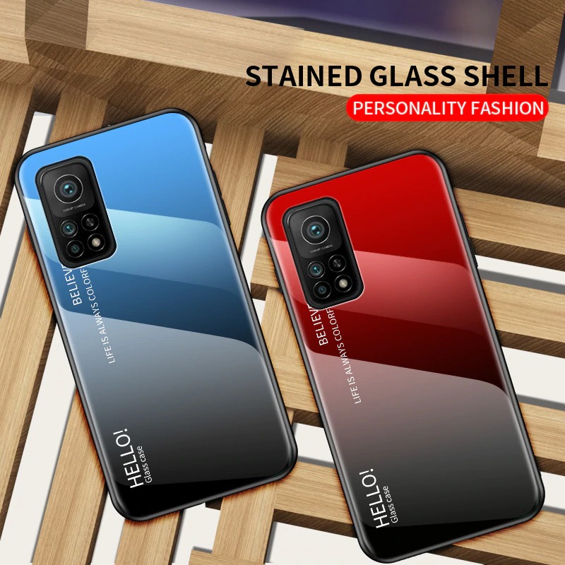 เคส Xiaomi Mi 10T Pro #เคสฝาหลัง Gradient Color Glass + PC + TPU Hybrid Case