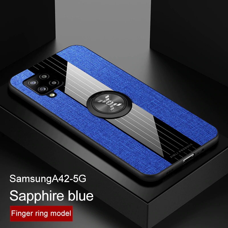 เคส Samsung Galaxy A42 5G #เคสฝาหลังเคลือบผ้าเนื้อมีแหวนสวมนิ้ว TPU ไฮบริด+อะคริลิ + แหวนโลหะ