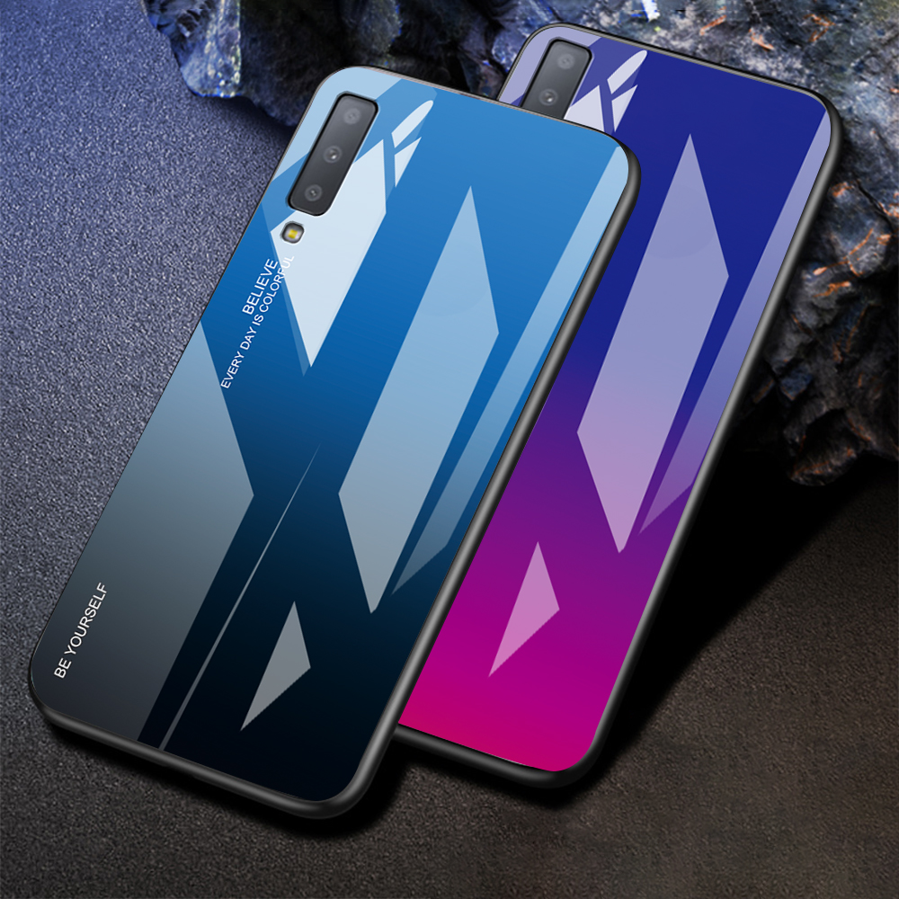 Case Samsung Galaxy A7 (2018) #เคสฝาหลังฝาหลัง กระจกสีไล่โทนสี Glass + PC + TPU Hybrid Case