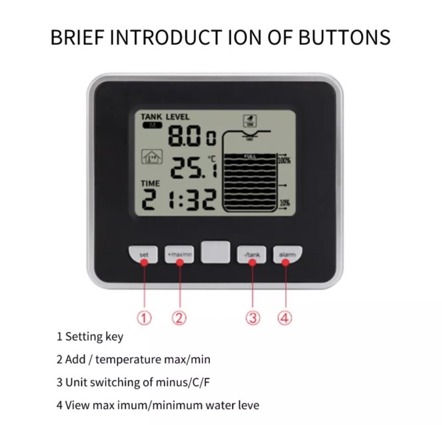 เซนเซอร์วัดความลึกและอุณหภูมิ Wireless Water Tank Liquid Depth Meter Ultrasonic Temperature sensor display, 3.3 inch