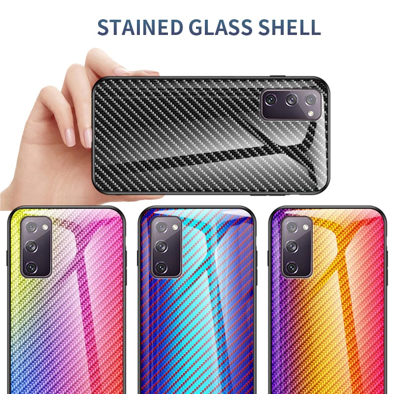 เคส Samsung Galaxy S20 FE / S20 FE 5G #เคสฝาหลัง Gradient Color ลายคาร์บอนไฟเบอร์ Carbon fiber texture Glass Hybrid Soft Silicone Cover