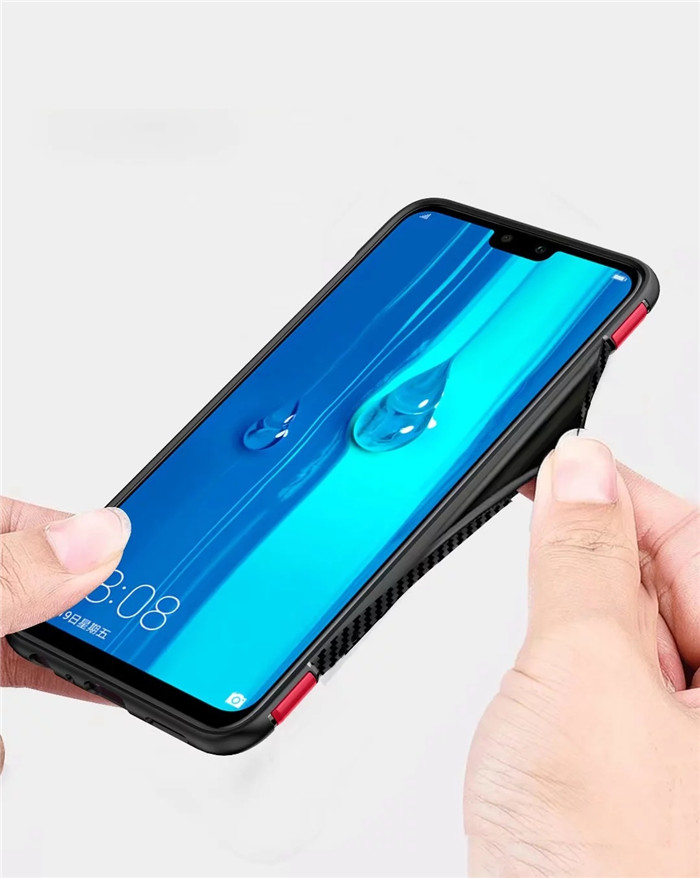 เคส Huawei Y9 (2019) #เคสฝาหลังขอบ Carbon Fiber Texture TPU มีแหวนสวมนิ้ว