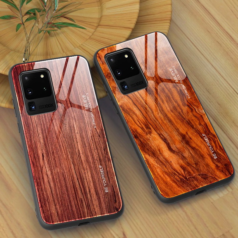Case Samsung Galaxy S20 Ultra / S20 Ultra 5G #เคสฝาหลังกระจกลายผิวไม้ Case Hard Tempered glass Wood grain protect Back Cover