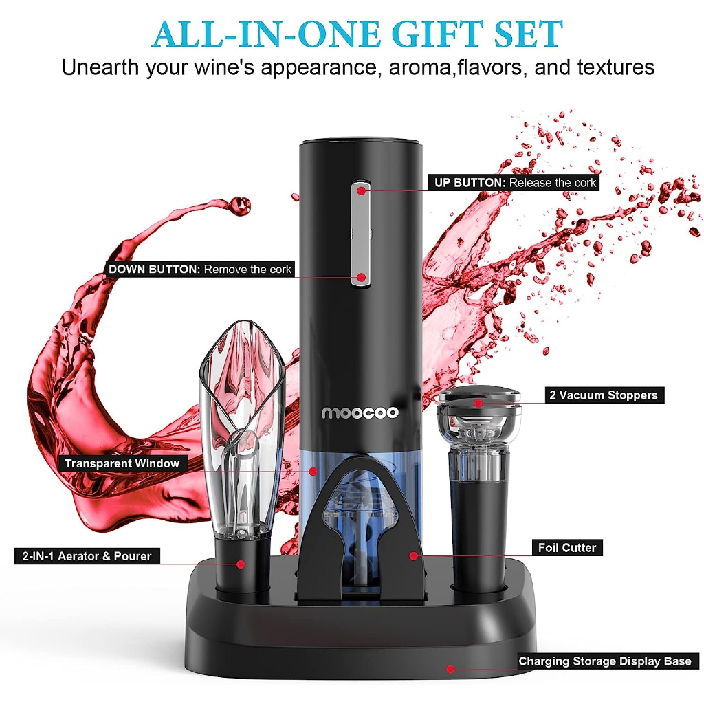 Moocoo® Electric Wine Set Open, Serve & Preserve ชุดที่เปิดขวดไวน์ไฟฟ้าพร้อมฐานชาร์จ ที่เปิดไวน์
