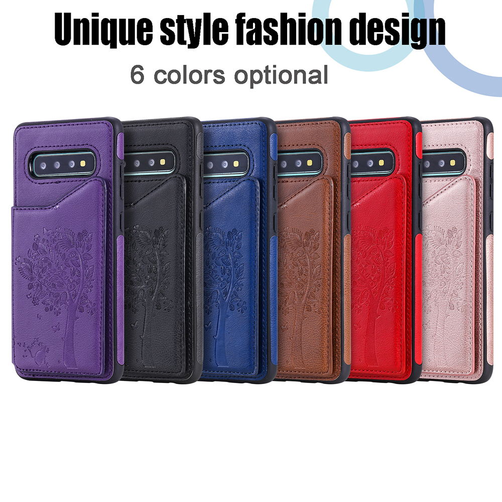 Case Samsung Galaxy S10 Plus #เคสฝาหลังไฮบริดผิวเคลือบหนัง PU พร้อมช่องเสียบการ์ดลายแมวและต้นไม้