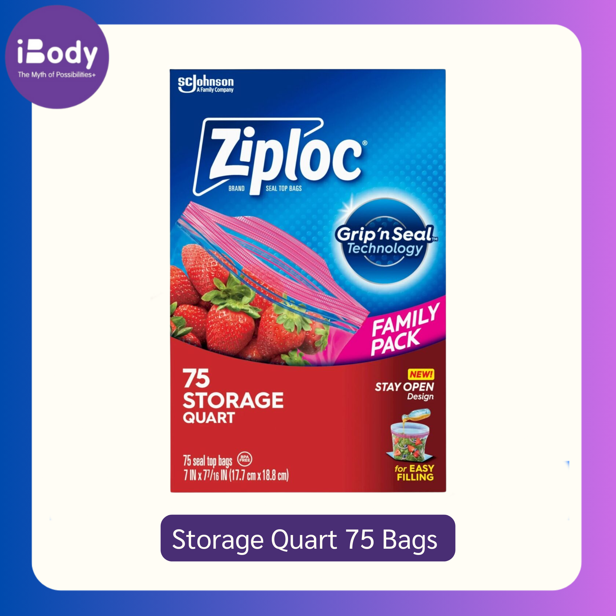 Ziploc® Storage Quart 75 Bags Grip'n Seal Technology ถุงเก็บอาหาร ถุงอเนกประสงค์