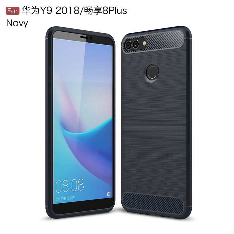 เคส Huawei Y9 (2018) #เคสฝาหลังตกแต่งคาร์บอนไฟเบอร์ ผิวขัดแปรง Brushered TPU Back Case