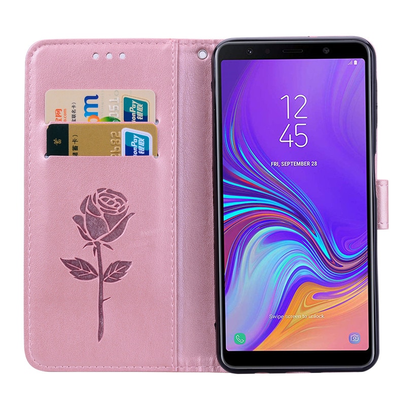Case Samsung Galaxy A7 (2018) #เคสฝาพับหนัง PU ลายดอกกุหลาบแบบกระเป๋าสตางค์ Imprinted Rose Leather