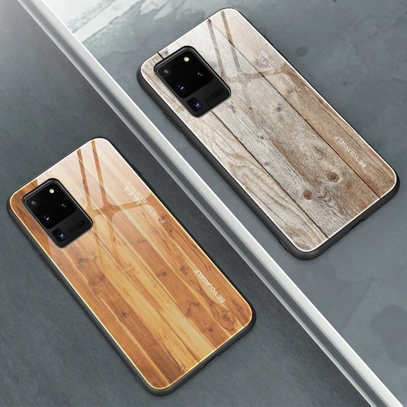 Case Samsung Galaxy S20 Ultra / S20 Ultra 5G #เคสฝาหลังกระจกลายผิวไม้ Case Hard Tempered glass Wood grain protect Back Cover