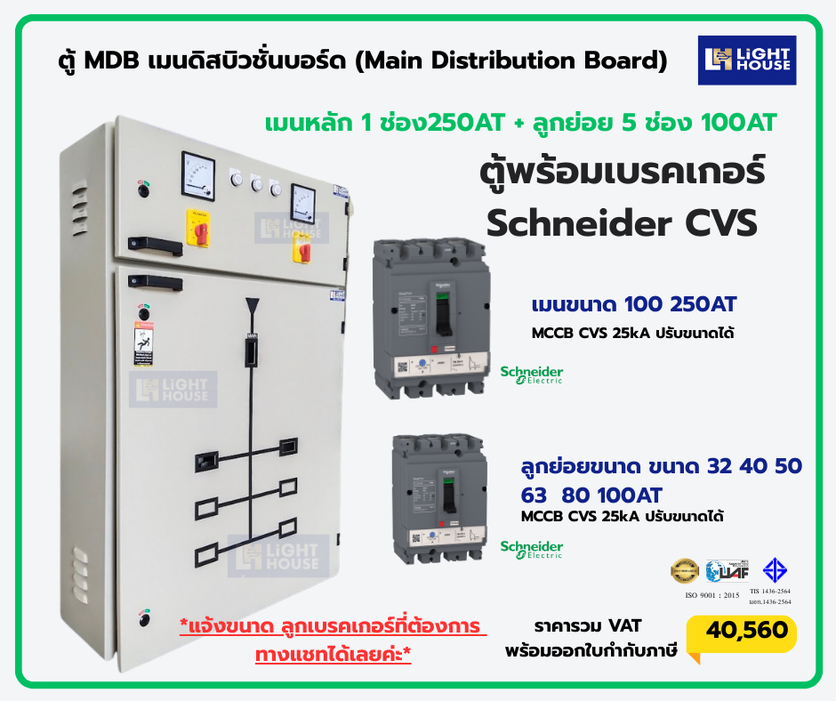 ตู้ MDB เมนดิสบิวชั่นบอร์ด (Main Distribution Board) 6 ลูกย่อย สำหรับเบรกเกอร์ Schneider CVS MAIN 250A ปรับขนาดได้