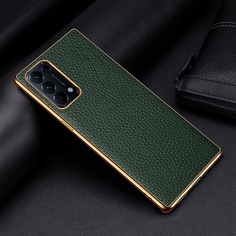 เคส OPPO Reno 5 Pro 5G #เคสฝาหลังหนังแท้ผิวลิ้นจี่ขอบเงา Luxury genuine leather case with plated edges