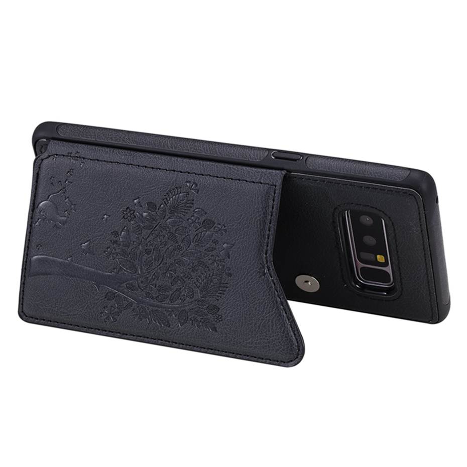 Case Samsung Galaxy S10 Plus #เคสฝาหลังไฮบริดผิวเคลือบหนัง PU พร้อมช่องเสียบการ์ดลายแมวและต้นไม้