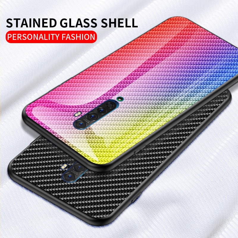 เคส OPPO Reno 2 #เคสฝาหลัง Gradient Color ลายคาร์บอนไฟเบอร์ Carbon fiber texture Glass Hybrid Soft Silicone Cover