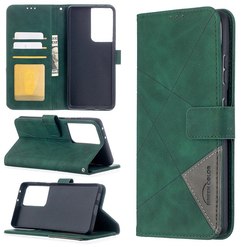 เคส Samsung Galaxy S21 Ultra #เคสฝาพับหนัง PU มีช่องเสียบ ID บัตรอื่นๆในตัว Geometric Pattern Leather Card Holder Protective