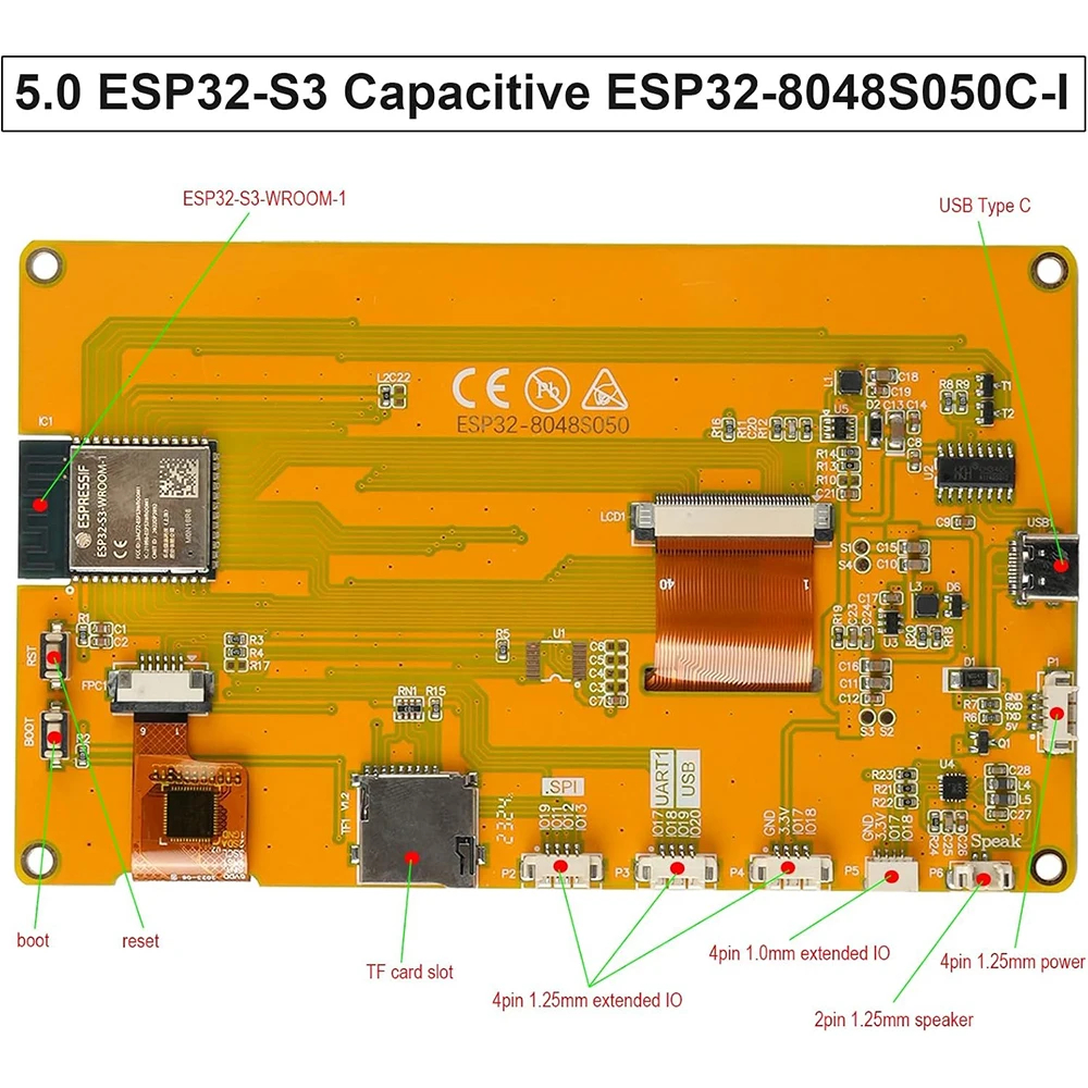 บอร์ด ESP32-S3 HMI 8M RAM 16M Flash Arduino LVGL WiFi and Bluetooth 5" IPS 800*480 Smart Display Screen 5.0 inch